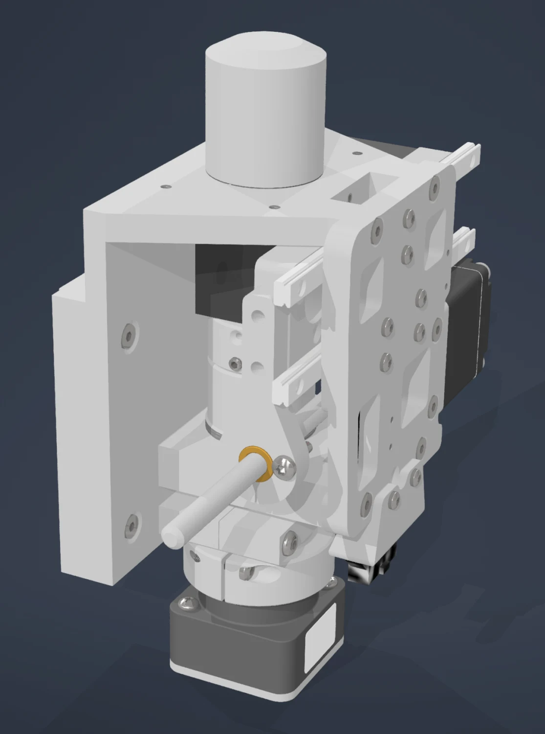 CAD render of the Tessera fluorescence optical stack, showing the filter cube carrier on a linear rail with two stepper motors